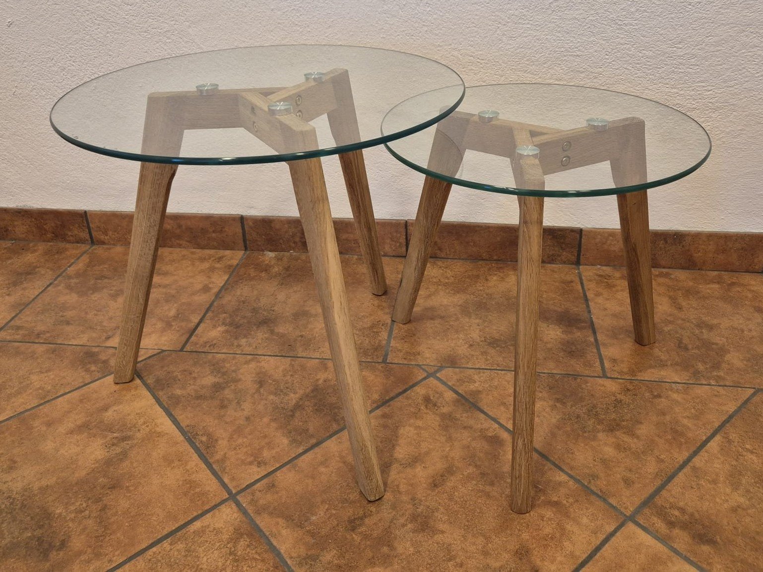 JYSK FALSLED Nesting Side & Coffee Tables - Set of 2 (Glass & Oiled Solid Oak)